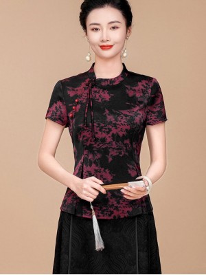 Floral Satin Mothers Woman Cheongsam Blouse Top