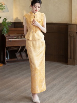 2 Pcs Yellow Jacquard Shawl Cheongsam Top & Skirt Outfits