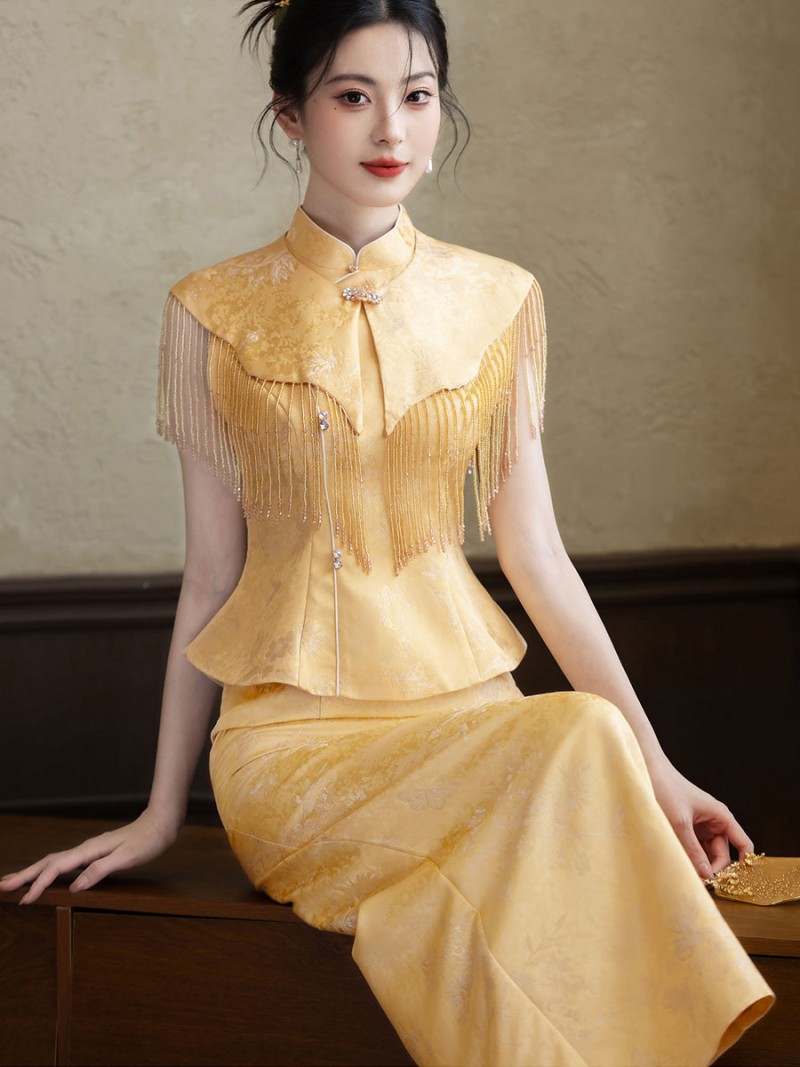 2 Pcs Yellow Jacquard Shawl Cheongsam Top & Skirt Outfits 2 Pcs Yellow Jacquard Shawl Cheongsam Top & Skirt Outfits