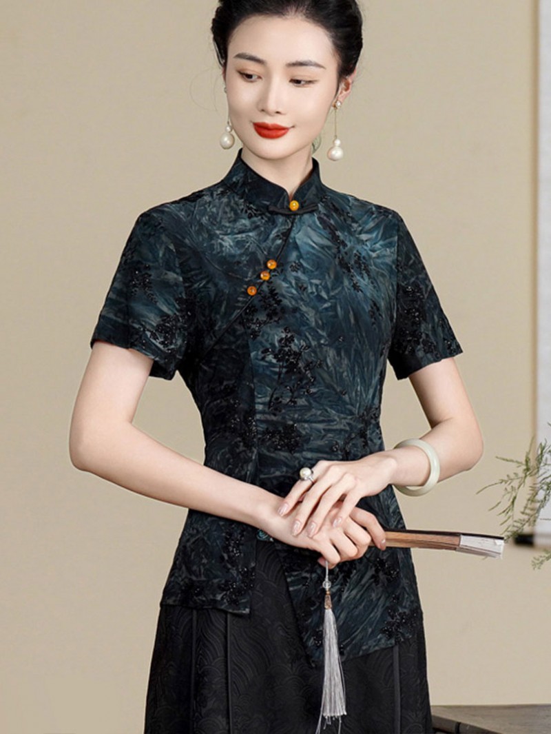 Purple Gray Floral Velvet Cheongsam Blouse Top Purple Gray Floral Velvet Cheongsam Blouse Top