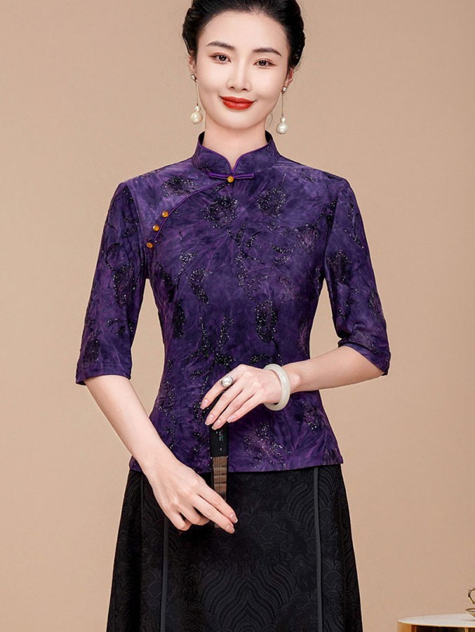 Purple Gray Floral Velvet Woman Cheongsam Blouse Top Purple Gray Floral Velvet Woman Cheongsam Blouse Top
