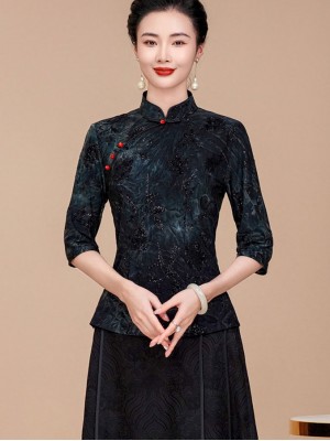 Purple Gray Floral Velvet Woman Cheongsam Blouse Top
