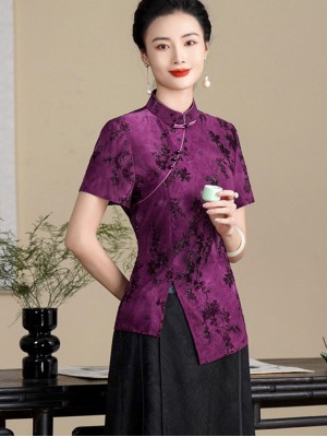 Purple Gray Floral Velvet Woman Cheongsam Blouse Top
