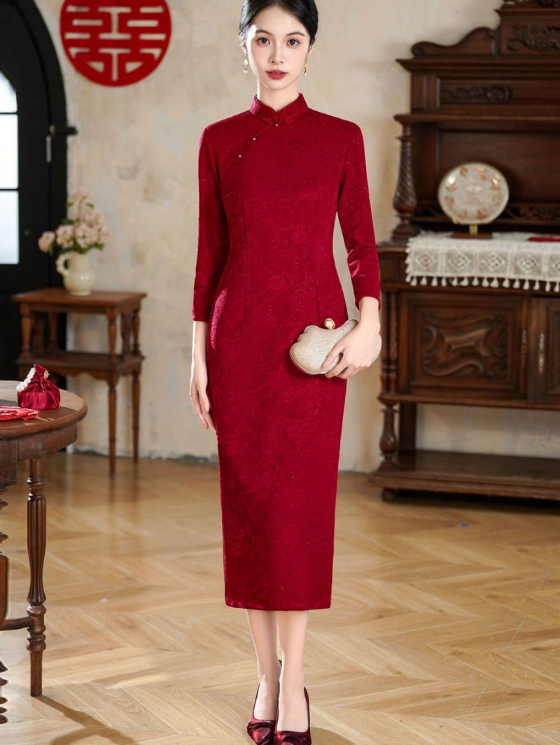 Shimmer Red Mothers Wedding Qipao Cheongsam Dress Shimmer Red Mothers Wedding Qipao Cheongsam Dress