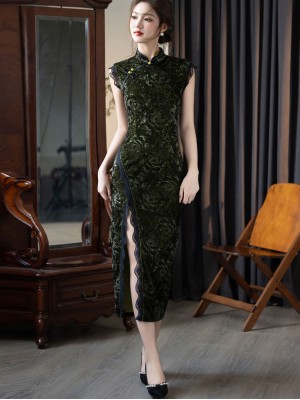 Thigh Split Velvet Cheongsam Qipao Dress with Lace Trim
