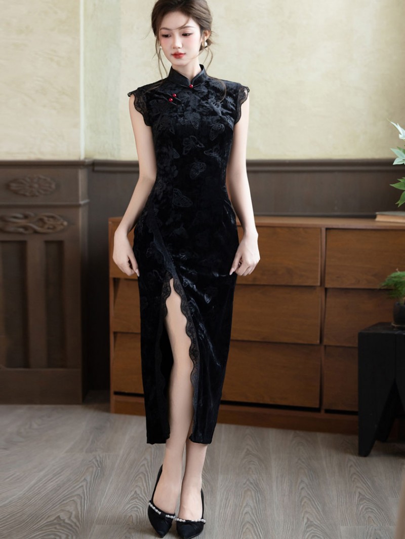 Thigh Split Velvet Cheongsam Qipao Dress with Lace Trim Thigh Split Velvet Cheongsam Qipao Dress with Lace Trim
