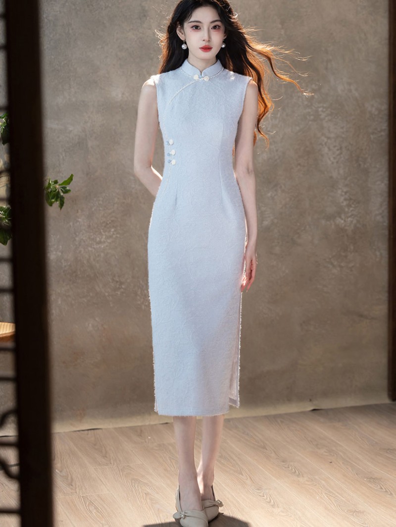 White Blue Jacquard Midi Cheongsam Qipao Dress White Blue Jacquard Midi Cheongsam Qipao Dress