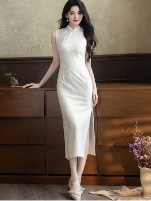White Blue Jacquard Midi Cheongsam Qipao Dress