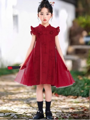 Burgundy Kid Girls A-Line Cheongsam Qipao Dress