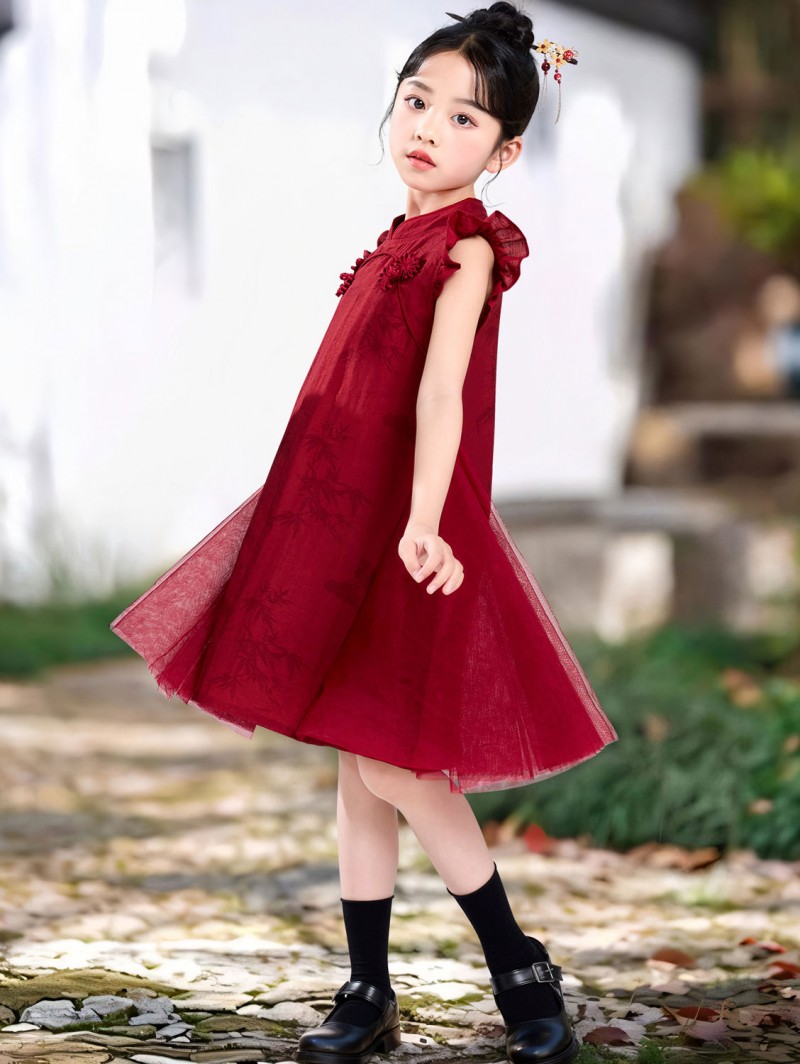 Burgundy Kid Girls A-Line Cheongsam Qipao Dress