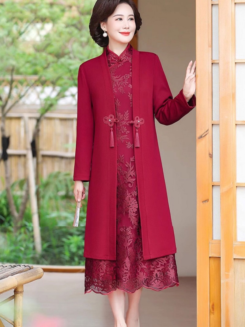 2 Pcs Pink Red Mothers Lace Qipao Cheongsam Dress & Jacket 2 Pcs Pink Red Mothers Lace Qipao Cheongsam Dress & Jacket