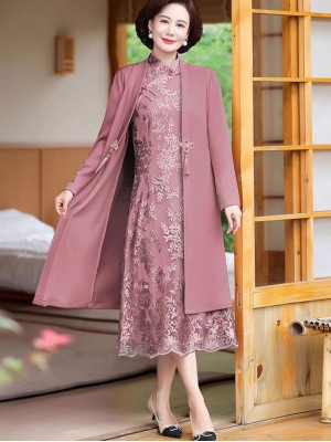 2 Pcs Pink Red Mothers Lace Qipao Cheongsam Dress & Jacket