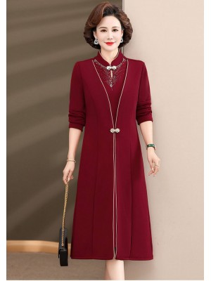 2 Pcs Red Black Mothers Qipao Cheongsam Dress & Coat
