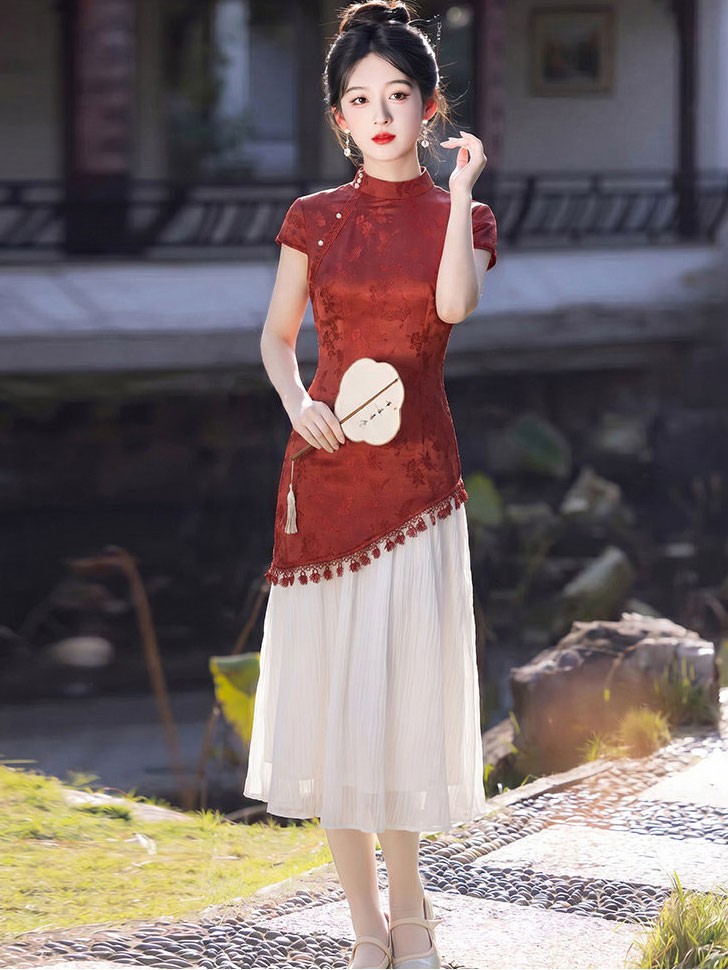 Faux Two-Piece Jacquard A-line Cheongsam Qipao Dress Faux Two-Piece Jacquard A-line Cheongsam Qipao Dress