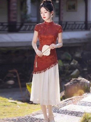 Faux Two-Piece Jacquard A-line Cheongsam Qipao Dress