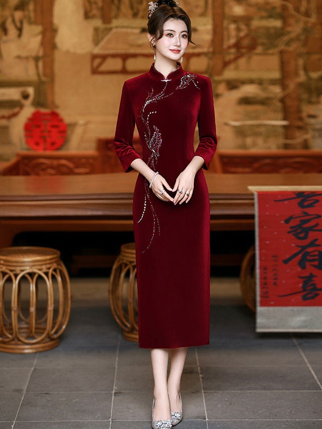Purple Red Beads Velvet Midi Cheongsam Qipao Dress Purple Red Beads Velvet Midi Cheongsam Qipao Dress