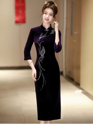 Purple Red Beads Velvet Midi Cheongsam Qipao Dress