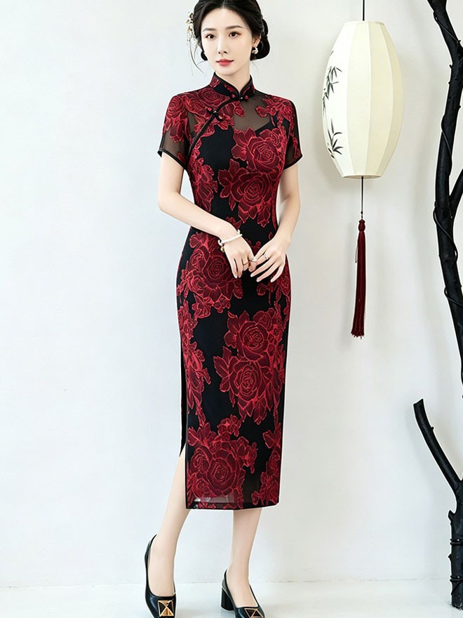 Red Blue Jacquard Floral Long Cheongsam Qipao Dress Red Blue Jacquard Floral Long Cheongsam Qipao Dress