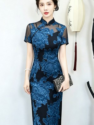 Red Blue Jacquard Floral Long Cheongsam Qipao Dress