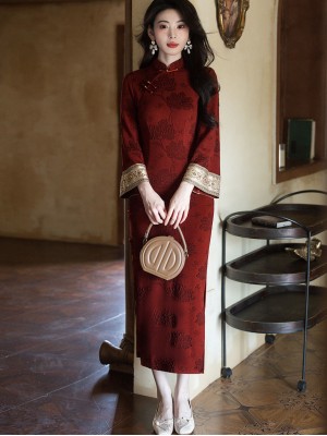 Red Jacquard Winter Long Cheongsam Qipao Dress