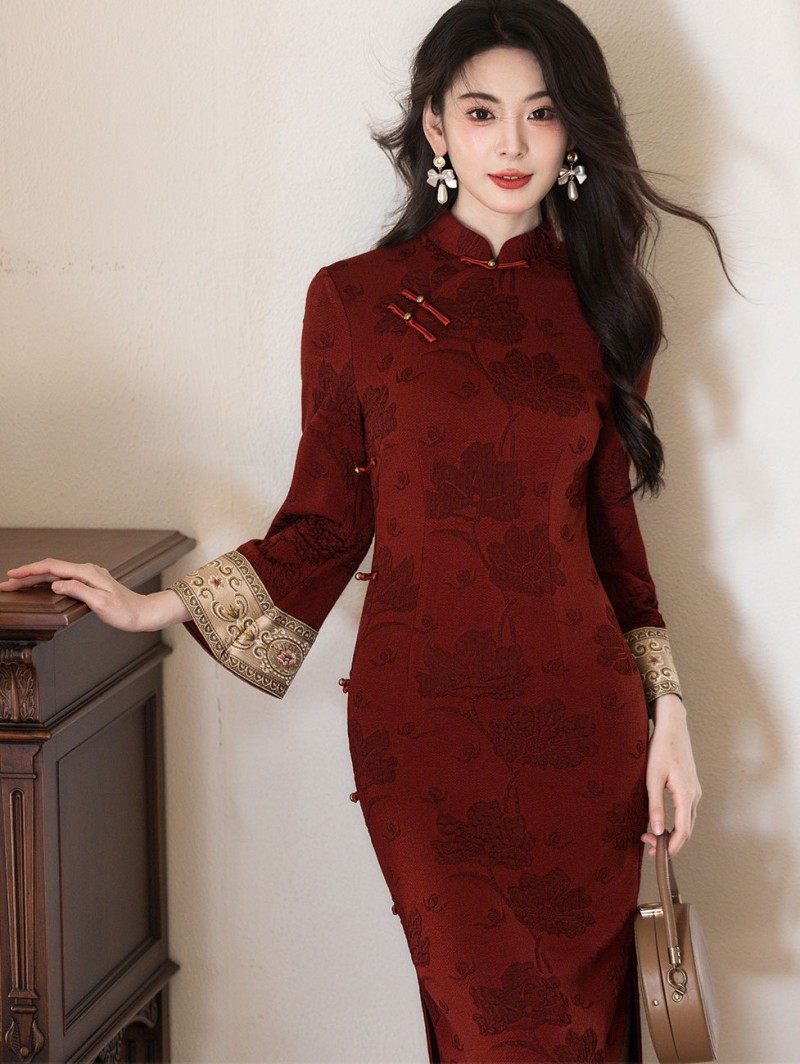 Red Jacquard Winter Long Cheongsam Qipao Dress Red Jacquard Winter Long Cheongsam Qipao Dress