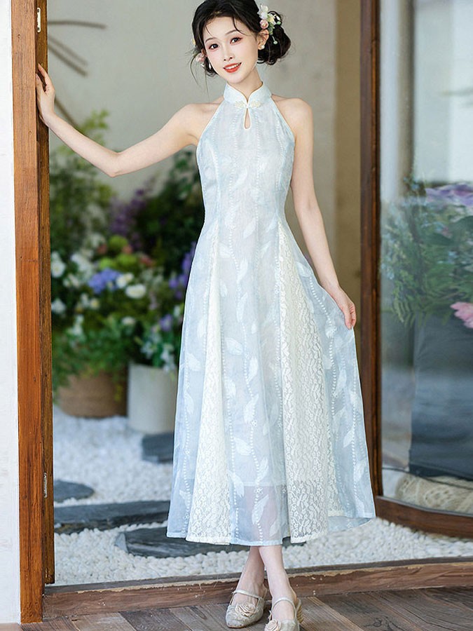Blue Halter A-line Maxi Cheongsam Qipao Dress Blue Halter A-line Maxi Cheongsam Qipao Dress