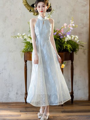 Blue Halter A-line Maxi Cheongsam Qipao Dress