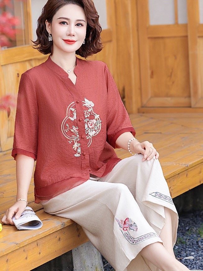 Embroidered Floral Woman Cheongsam Blouse Shirt Top