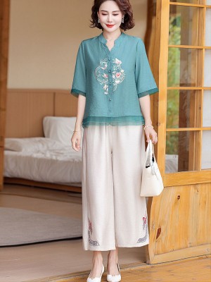 Embroidered Floral Woman Cheongsam Blouse Shirt Top
