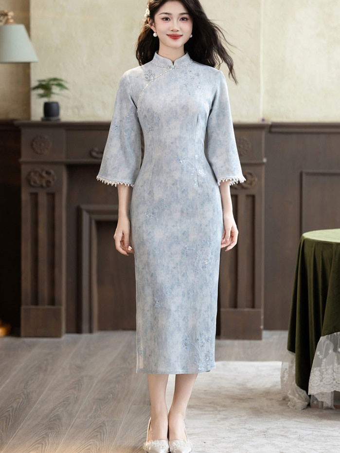 Purple Blue Bell Sleeve Midi Cheongsam Qipao Dress Purple Blue Bell Sleeve Midi Cheongsam Qipao Dress