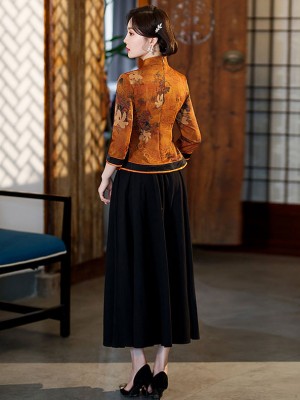 Yellow Purple Vintage Print Woman Cheongsam Blouse Top