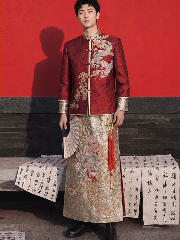 Colorblock Men Dragon Wedding Qun Kwa, Jacket & Skirt Colorblock Men Dragon Wedding Qun Kwa, Jacket & Skirt
