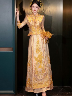 Champagne Embroidered Phoenix Wedding Qun Kwa & Skirt