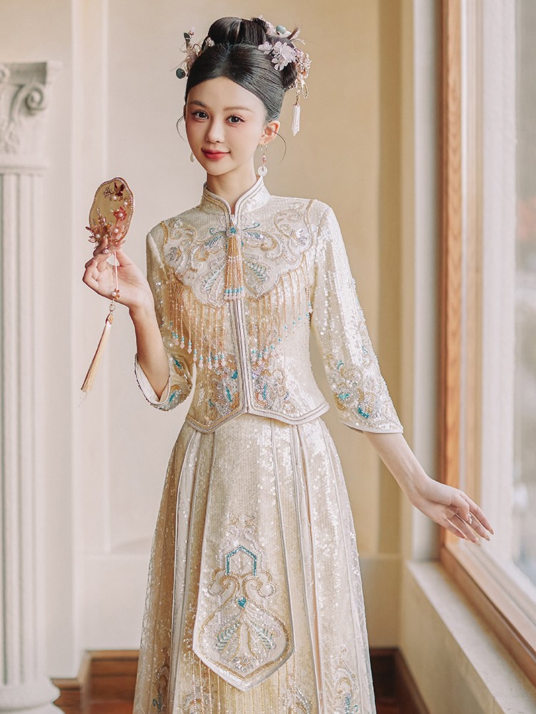 2026 Luxury Champagne Sequins Wedding Bridal Qun Kwa