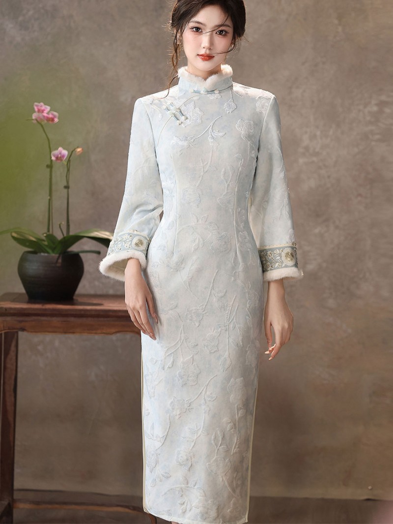 2026 Jacquard Floral Winter Maxi Cheongsam Qipao Dress