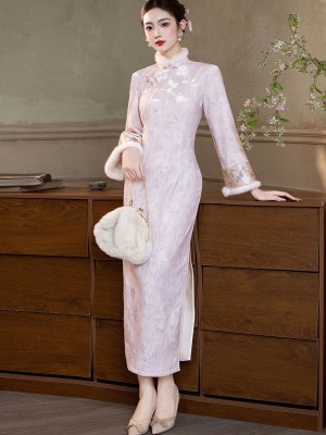 2026 Jacquard Floral Winter Maxi Cheongsam Qipao Dress