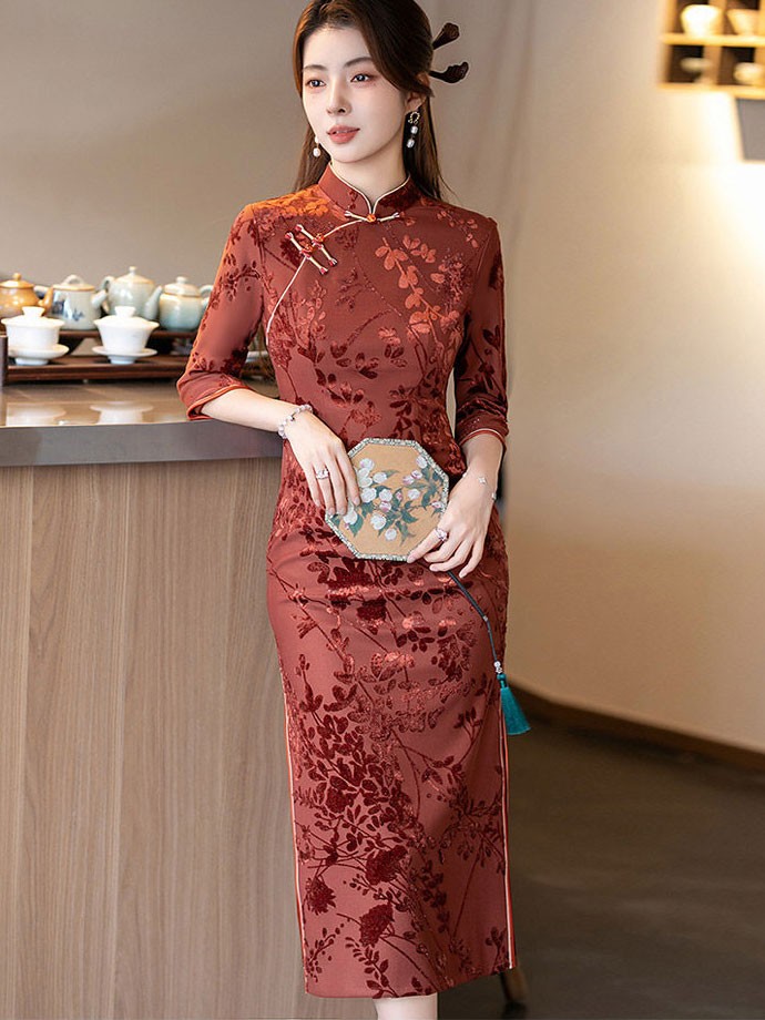 2026 Winter Floral Velvet Cheongsam Qipao Dress