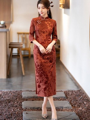 2026 Winter Floral Velvet Cheongsam Qipao Dress