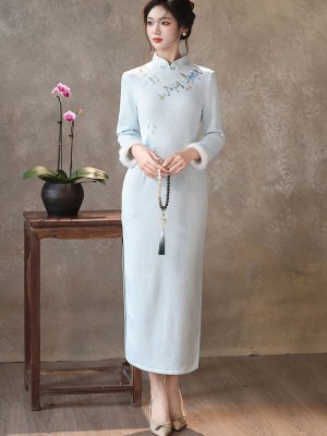 Blue Embroidered Winter Long Cheongsam Qipao Dress