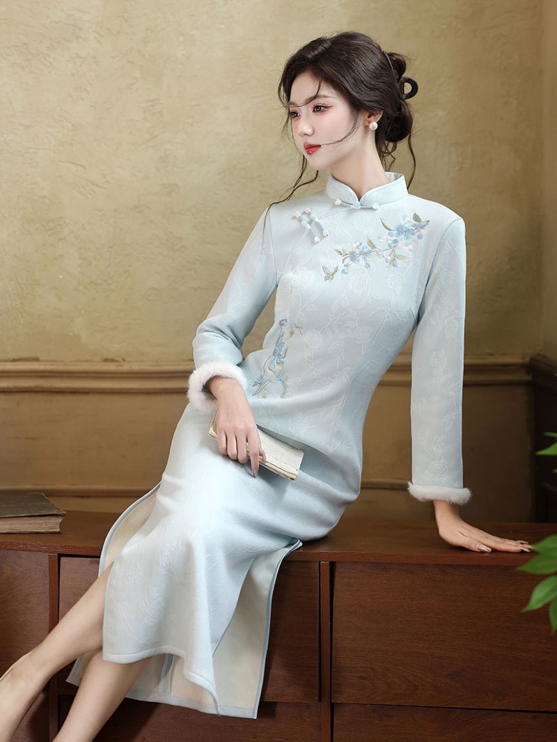 Blue Embroidered Winter Long Cheongsam Qipao Dress Blue Embroidered Winter Long Cheongsam Qipao Dress