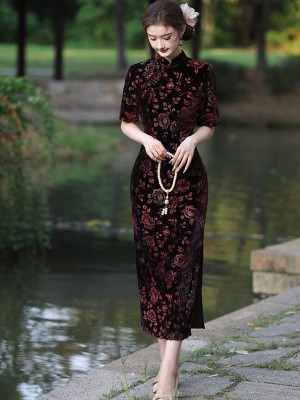 Red Rose Velvet Long Cheongsam Qipao Dress
