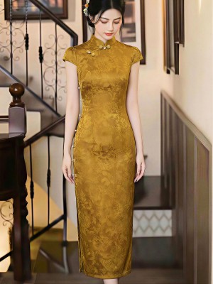 2026 Gold Jacquard Midi Cheongsam Qipao Dress