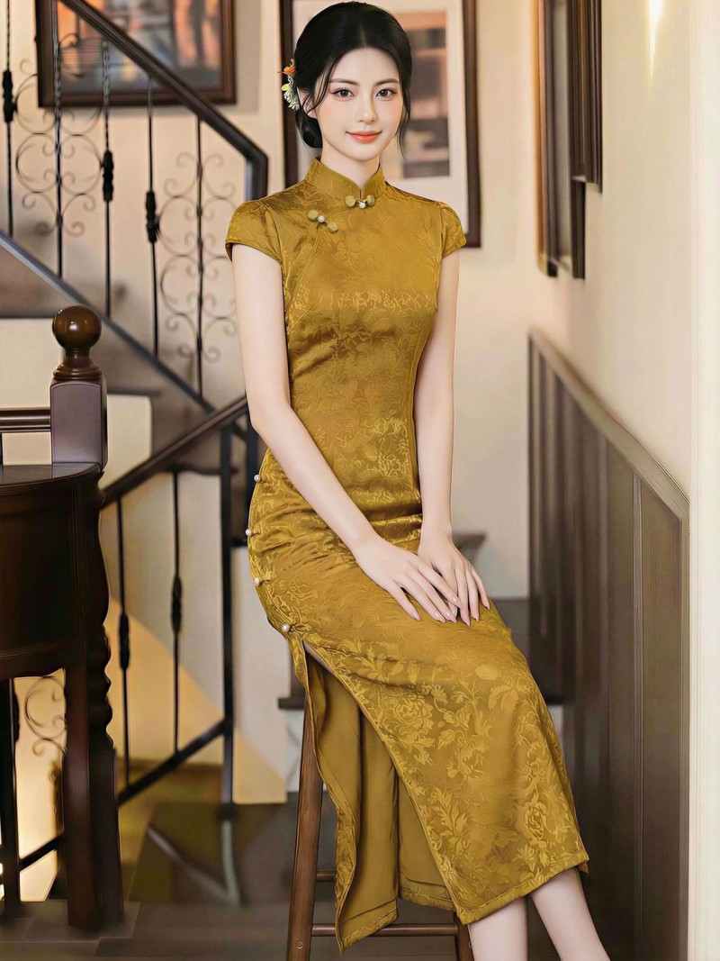 2026 Gold Jacquard Midi Cheongsam Qipao Dress 2026 Gold Jacquard Midi Cheongsam Qipao Dress