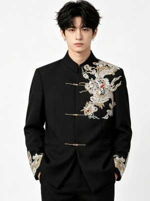 Black Beads Dragon Man Chinese Tang Suit Uniform Jacket