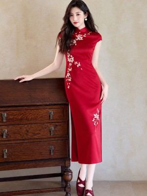 Red Embroidered Wedding Bridal Midi Cheongsam Qipao Dress