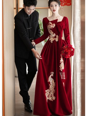 Burgundy Long Sleeve Phoenix Winter Wedding Bridal Dress