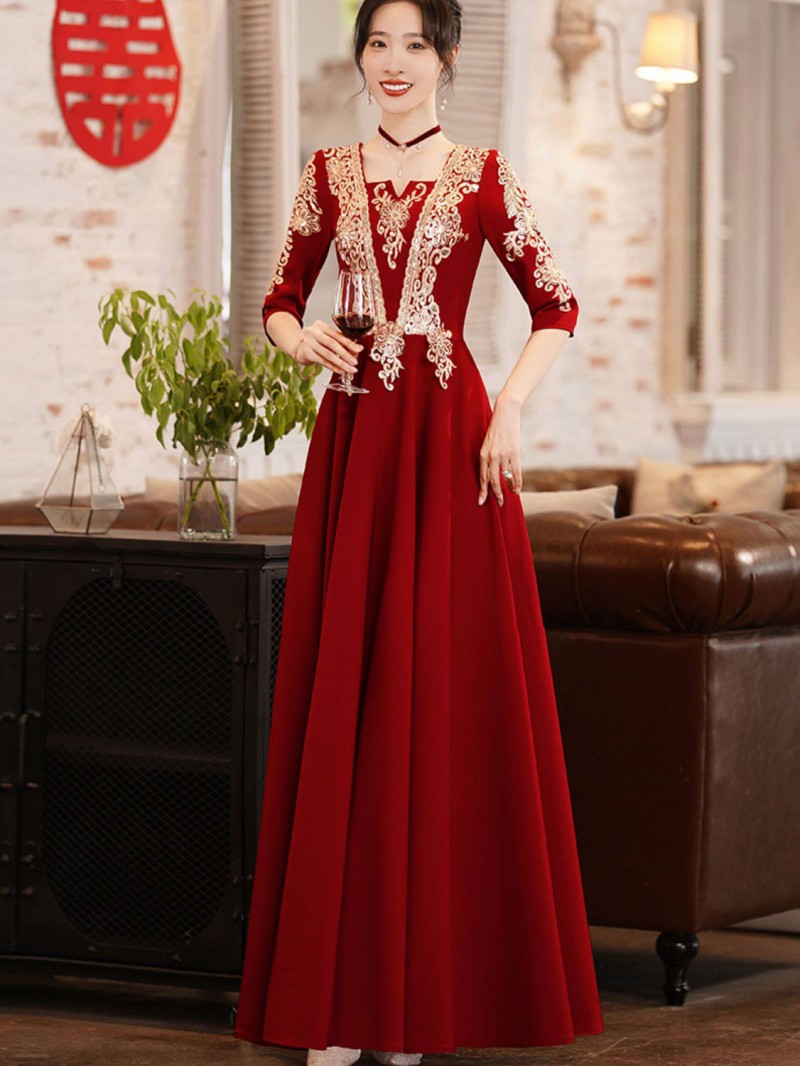 Burgundy Square Neck A-Line Wedding Bridal Dress