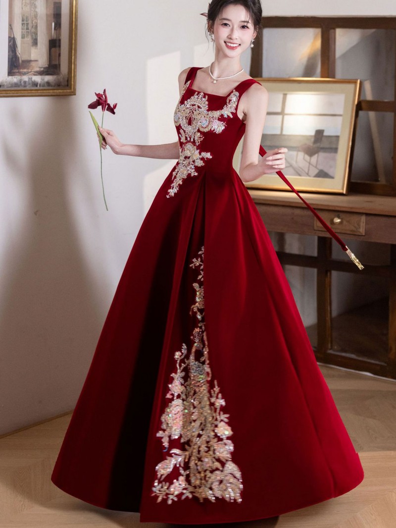 Burgundy Velvet Slip Phoenix A-Line Wedding Prom Dress