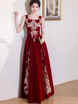 Burgundy Velvet Slip Phoenix A-Line Wedding Prom Dress