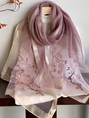 Embroidered Floral Mulberry Silk Women Lightweight Scarf Shawl